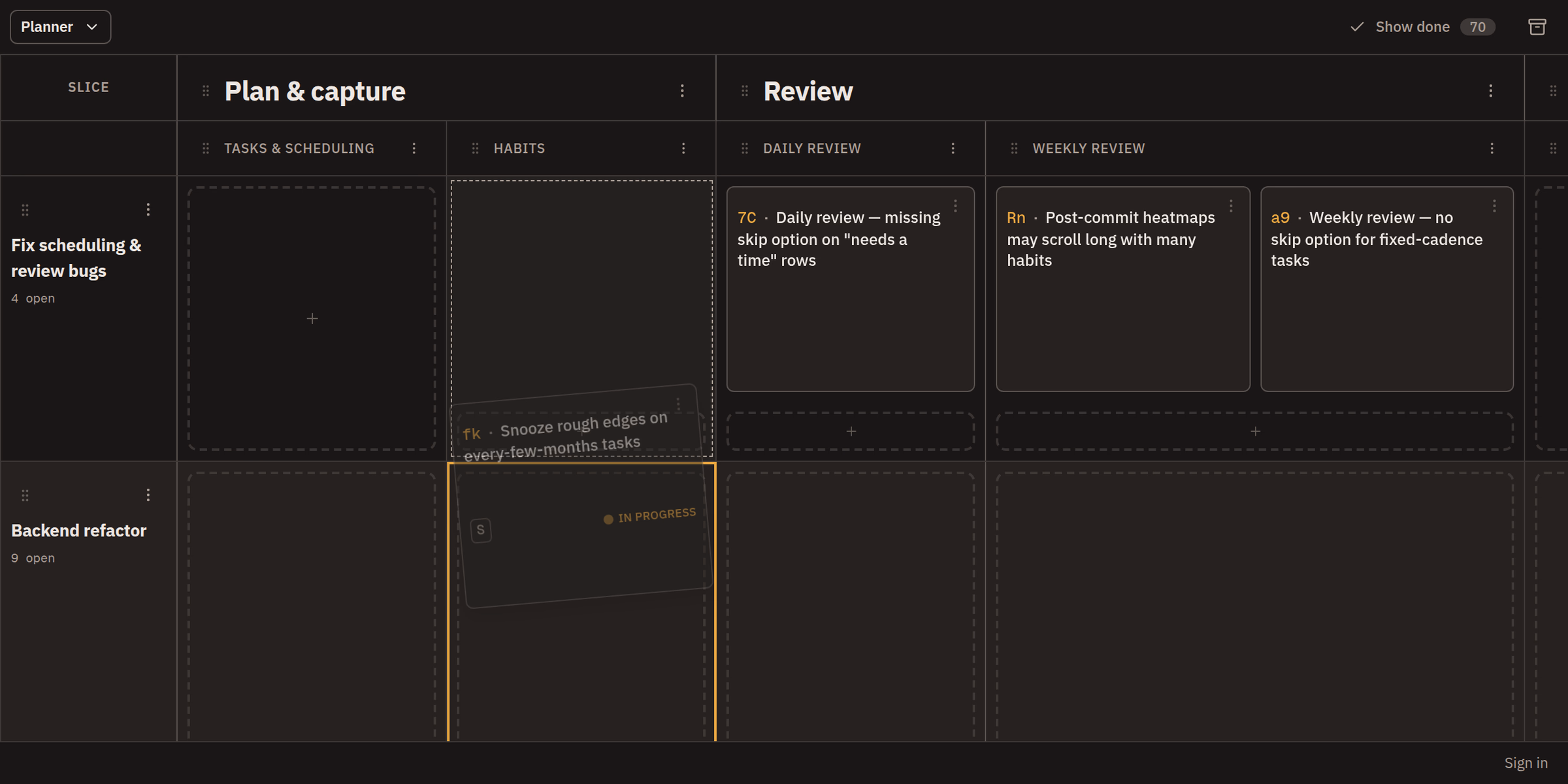 A card mid-drag in the storymap grid. The card, Snooze rough edges on every-few-months tasks, is lifted and tilted under the cursor, straddling the line between two release slices. Its original cell in the Fix scheduling & review bugs row is left as a dotted outline, and the destination cell in the Backend refactor row is outlined in amber to mark where it will land.