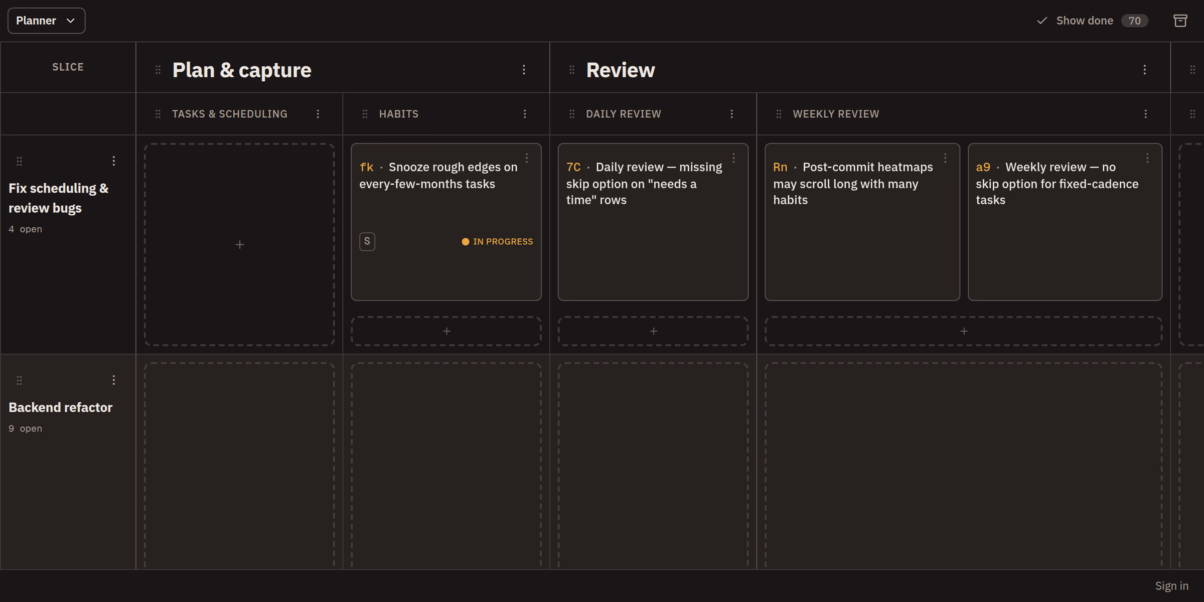 The storymap grid for the planner project. Two activities span the top, Plan & capture and Review, with task columns beneath them: Tasks & scheduling, Habits, Daily review and Weekly review. A release slice row headed Fix scheduling & review bugs, 4 open, runs across all of them and holds four cards, including Snooze rough edges on every-few-months tasks with a size chip and an in-progress status. The next release slice, Backend refactor, 9 open, starts below it.