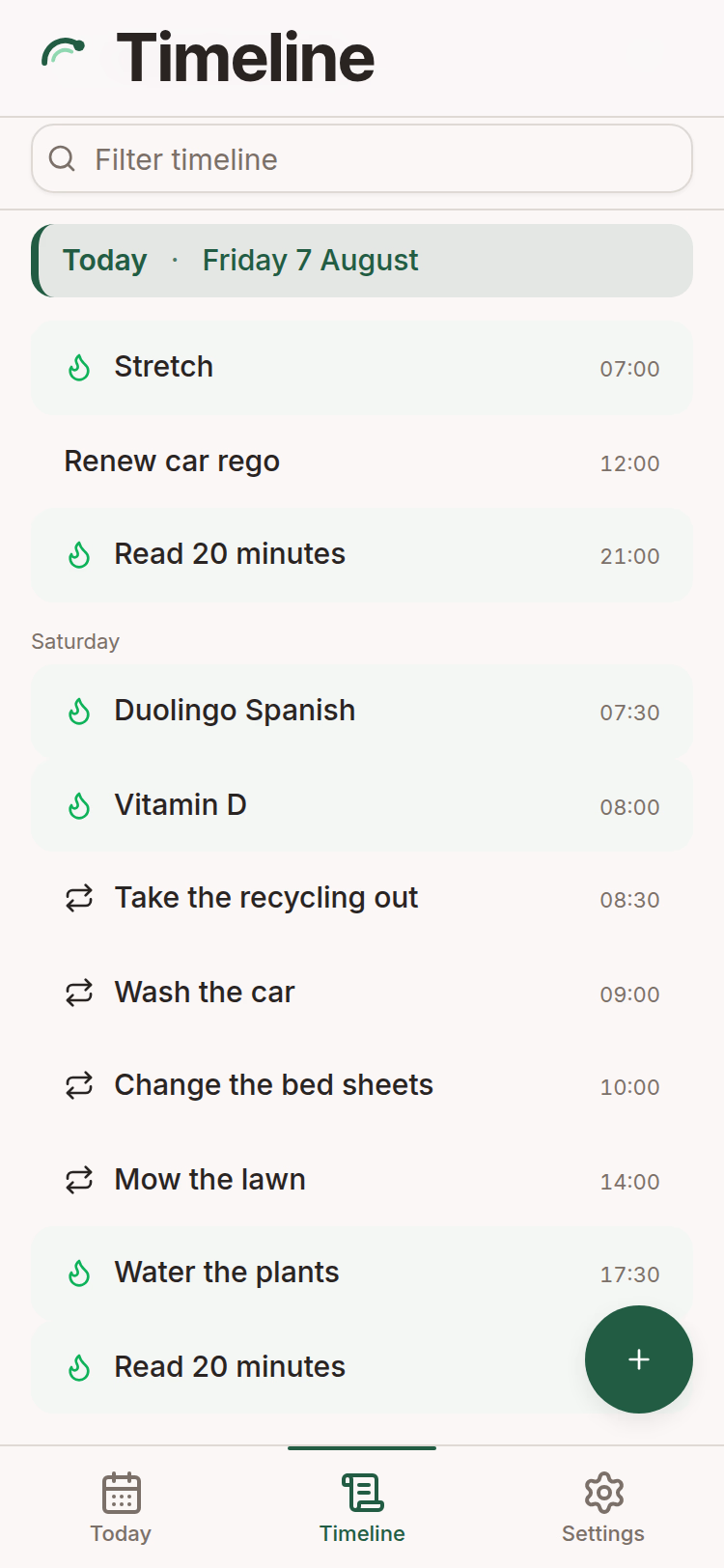 Timeline scrolled to the current day, then Saturday, mixing habits with recurring chores: recycling, washing the car, changing the bed sheets and mowing the lawn, each with its reminder time