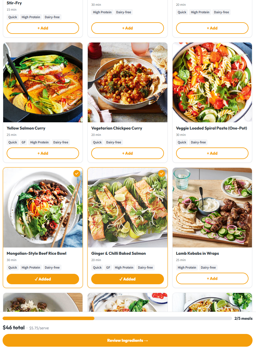 the-weekly meal selection mid-flow: two recipes added, one to go, $46 running trolley total